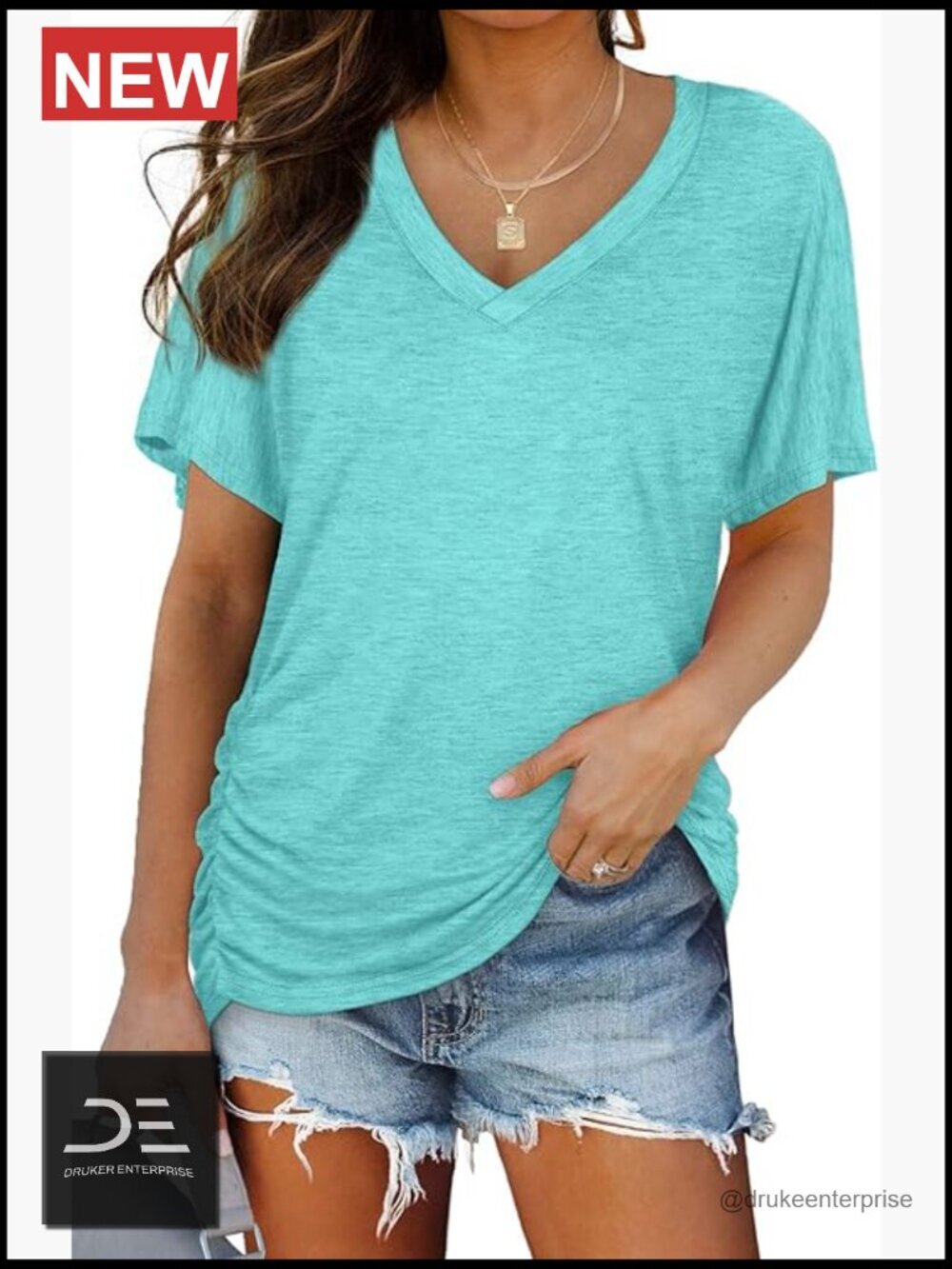 Women's V-Neck Dolman Tee with Side Shirring Loose Fit Summer Top